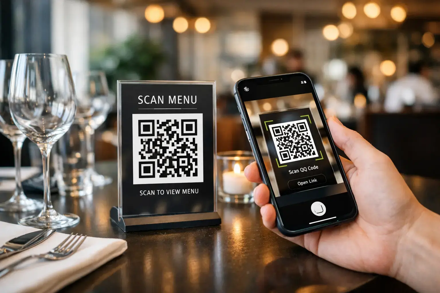 Restoran masasında QR menü kullanım örneği
